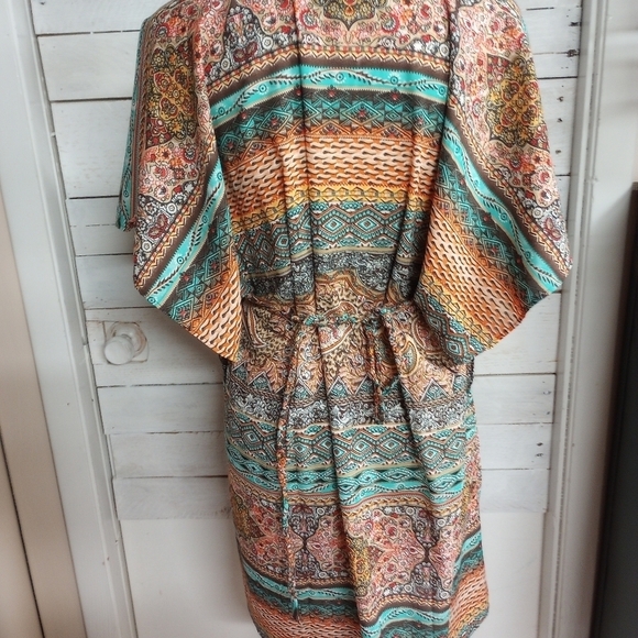 Fashion Fuse Kimono Kaftan Coverup Top Boho Print Tie Waist, Size Medium - Picture 5 of 12